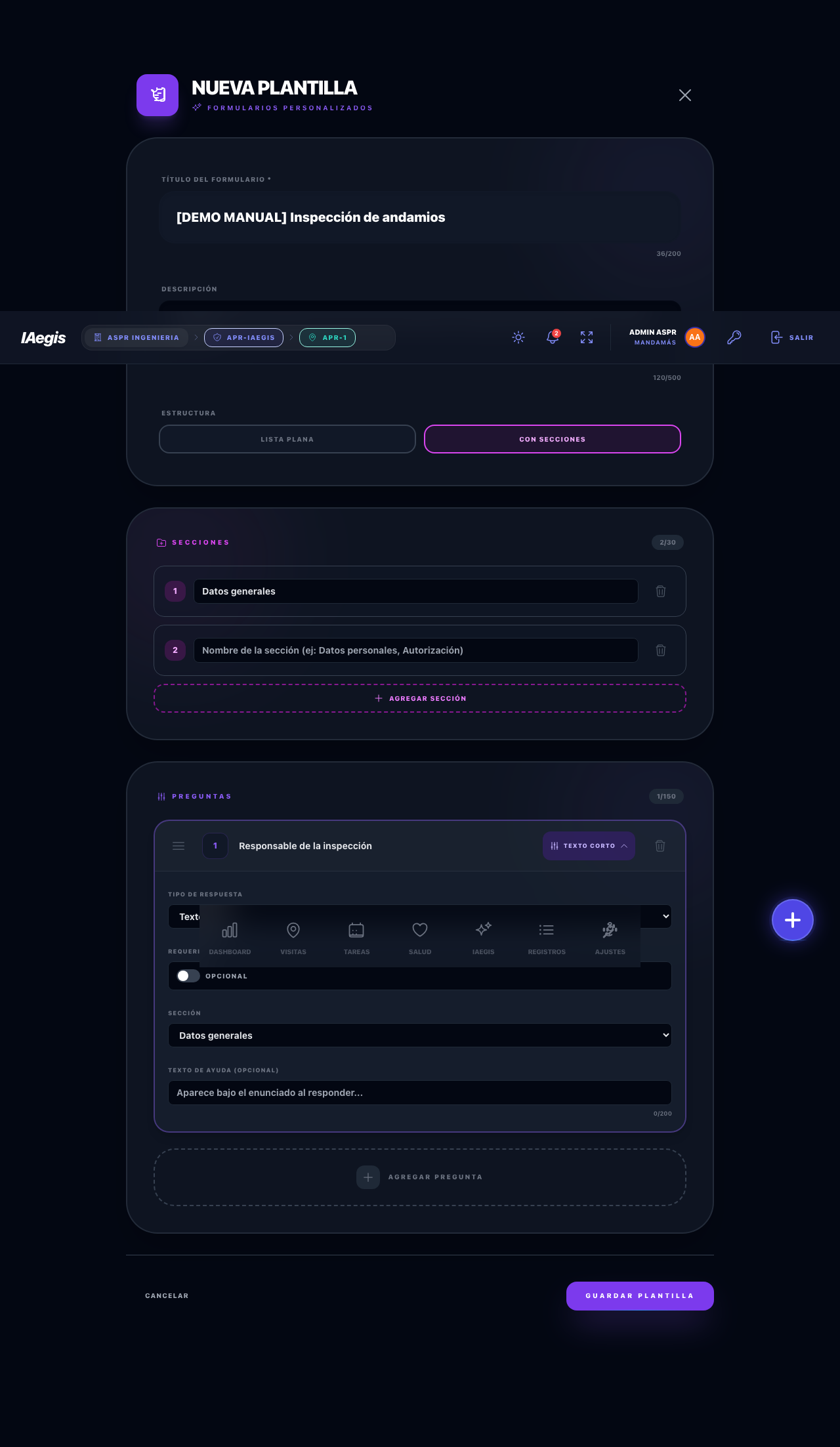 Panel de configuración de pregunta