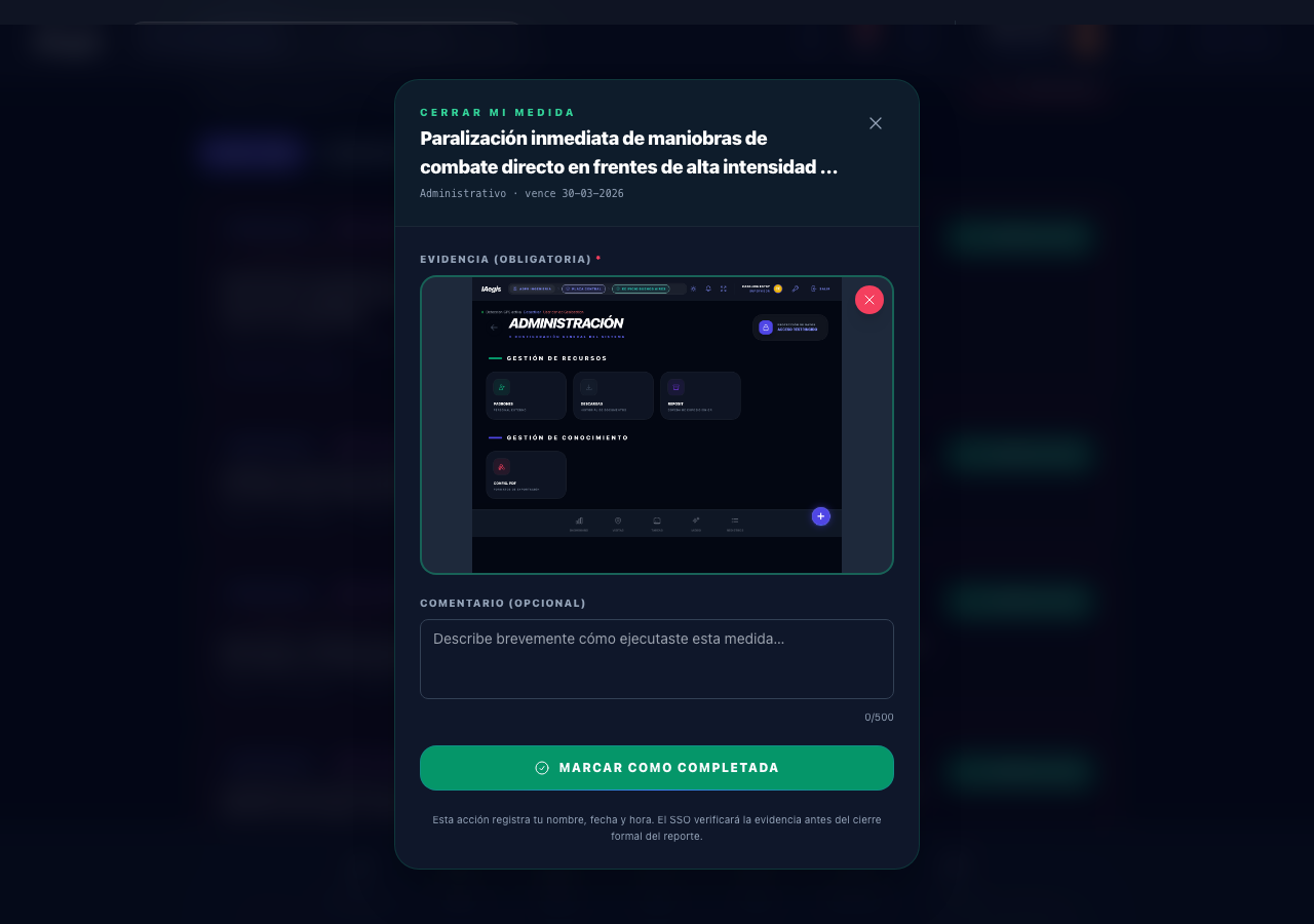 Modal con evidencia y comentario listos