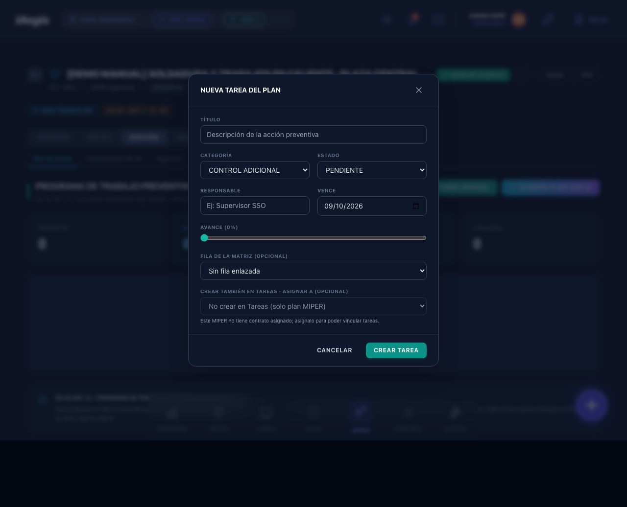 Modal nueva tarea del plan