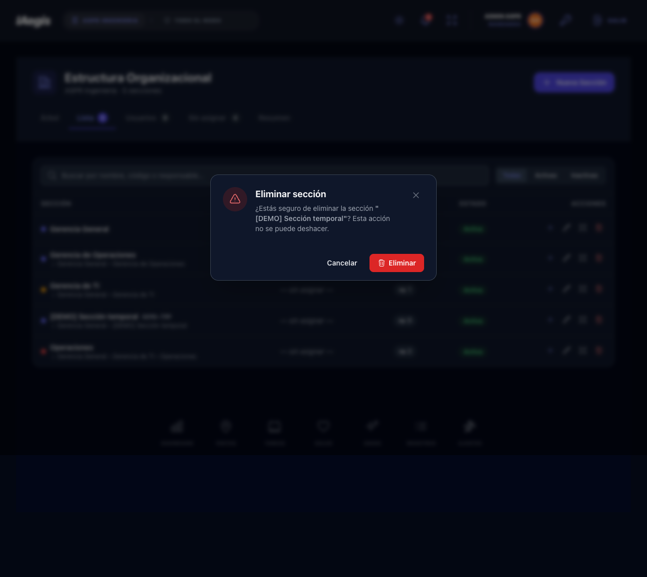 Modal Eliminar sección habilitado